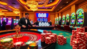 Experience high-stakes excitement with a luxurious casino scene showcasing 888b, featuring roulette tables and vibrant slot machines.