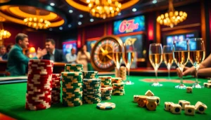 Players engaging in a high-stakes poker game at 67bet casino, showcasing vibrant chips and luxurious ambiance.