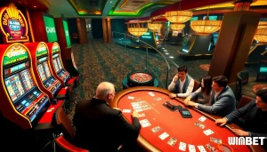 Players enjoying high-stakes games at WINBET's luxurious casino environment, showcasing vibrant slot machines and a roulette wheel.