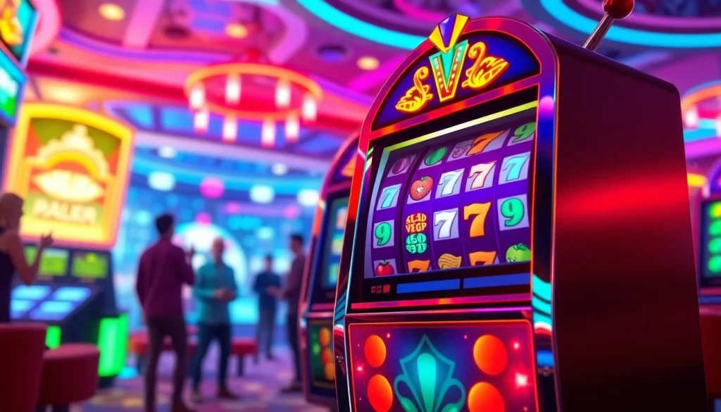 Mainkan yuyu4d slot dalam suasana kasino yang meriah dengan mesin slot berwarna.