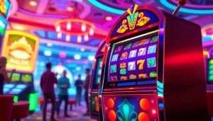 Mainkan yuyu4d slot dalam suasana kasino yang meriah dengan mesin slot berwarna.