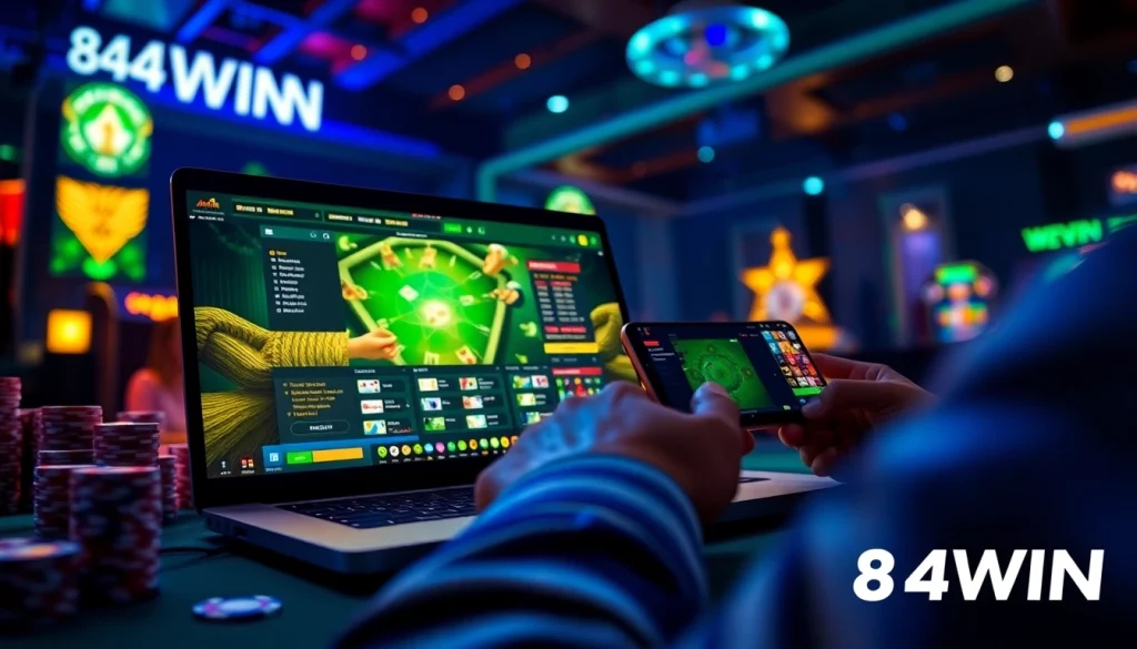 Experience the thrilling excitement of online gaming with 84WIN, featuring a dynamic interface and immersive gambling elements.