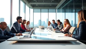 Business collaboration among a diverse team in a modern office, showcasing teamwork and innovation.