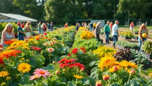 Engaging Gardening scene with diverse plants, vibrant colors, and active gardeners.