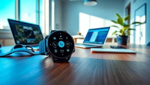LC88 Smart Watch displayed in a modern workspace, emphasizing its HD features.
