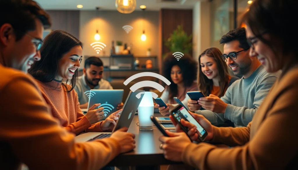 快连VPN users enjoying seamless online experiences in a cozy café setting with modern digital devices.