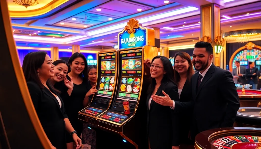 Excited players engaging with the RAJABARONG slot machine in a vibrant casino environment.