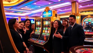Excited players engaging with the RAJABARONG slot machine in a vibrant casino environment.