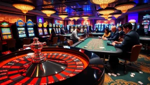 Exciting gambling scene showing players at a luck8 casino roulette table and slot machines.
