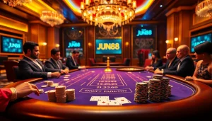 Experience thrilling Baccarat gameplay at Jun88 with vibrant casino visuals and engaging atmosphere.