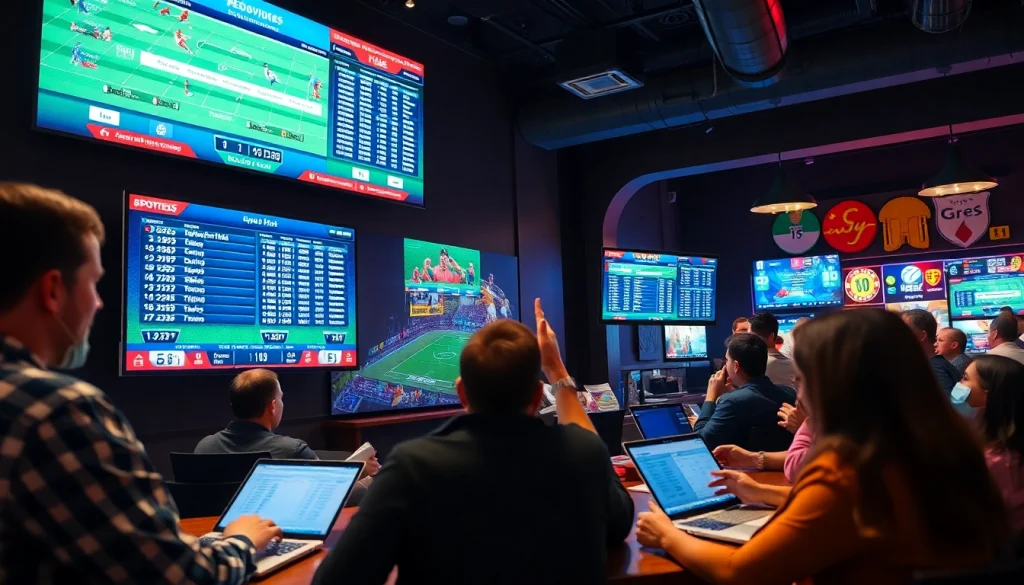 Engaged bettors analyzing sportsbooks in Manitoba in an energetic environment.