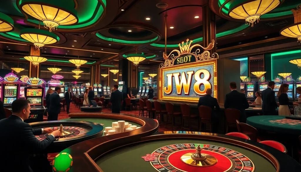 JW8 slot machine amidst a lively casino scene with poker tables and vibrant colors.