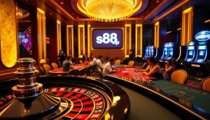 Gamble at s88vip with thrilling poker tables, vibrant slot machines, and a luxurious casino ambiance.