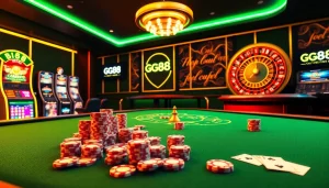 Experience the excitement of GG88 with vibrant slot machines and poker chips in a luxurious casino setting.