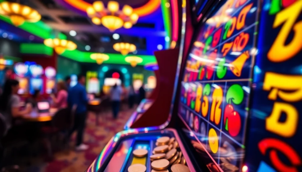 Permainan slot bet kecil yang mengasyikkan dengan mesin permainan berkilau di kasino.