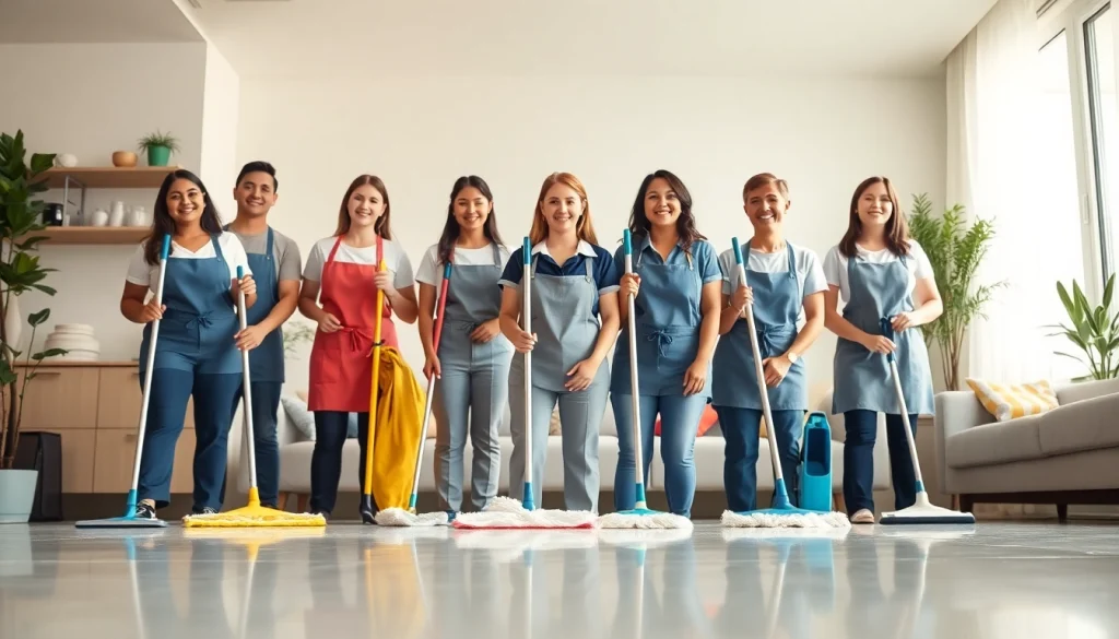 Efficient maid agency team cleaning a modern home with sparkling surfaces.