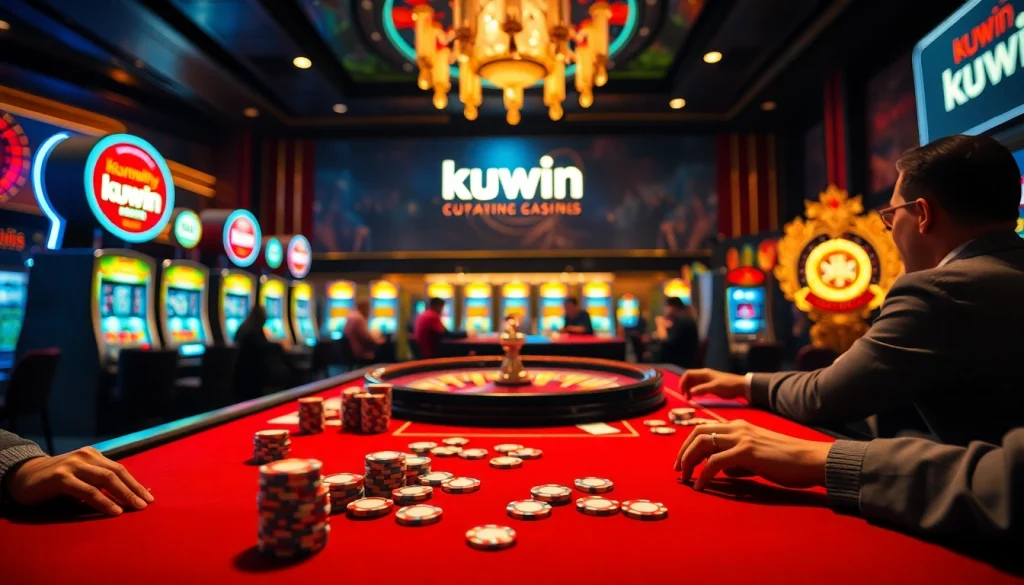 Kuwin casino scene featuring exciting poker and roulette action with vibrant gaming elements.