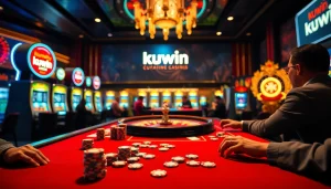 Kuwin casino scene featuring exciting poker and roulette action with vibrant gaming elements.