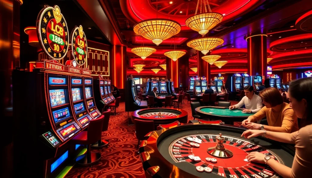 Players enjoying casino games at LC88, engaging with slot machines and poker tables in a luxurious setting.