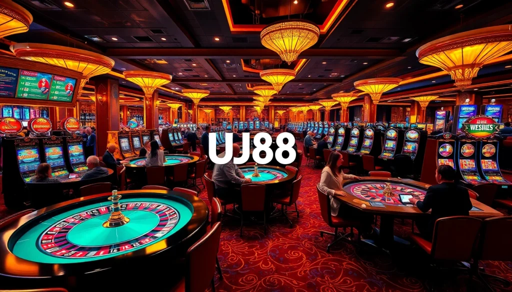 Experience the excitement of UU88 with players at luxurious casino tables and vibrant slot machines.