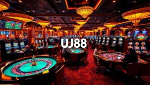Experience the excitement of UU88 with players at luxurious casino tables and vibrant slot machines.