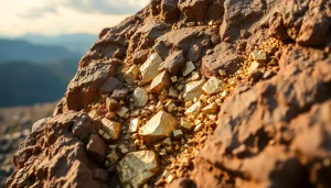 Examining rich ore vein embedded in rugged rocks with metallic minerals.