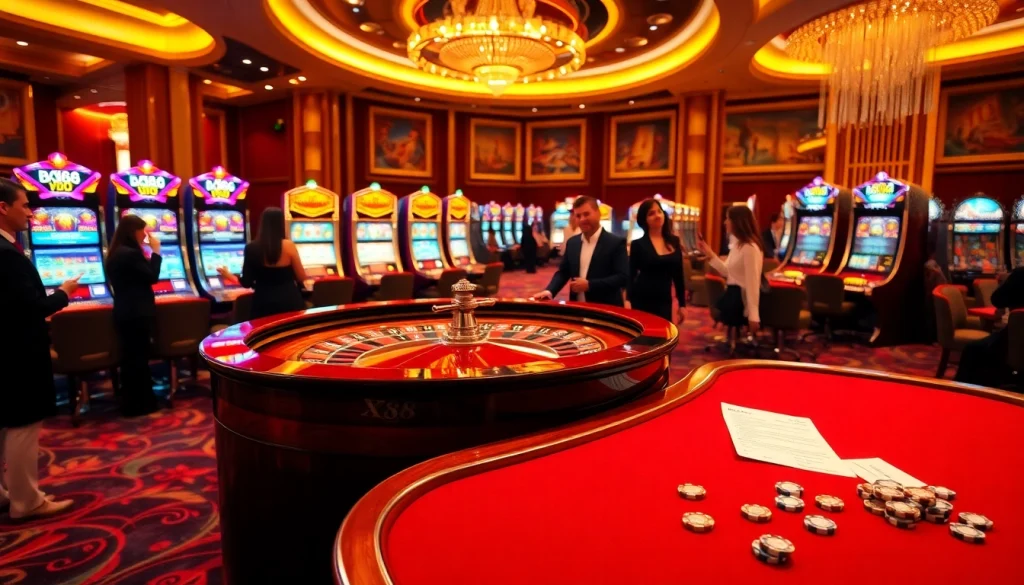 Experience the vibrant energy of XX88 casino with roulette tables and slot machines.
