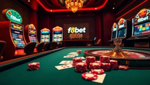 Experience the excitement of online gambling with f8bet, featuring a luxurious casino table and vibrant gaming elements.