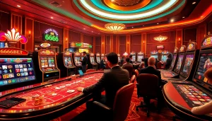 Excited players engaging with 6666bet at a glamorous casino table with vibrant slot machines.
