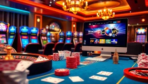 Engaging online casino scene featuring rr88 com, poker table, roulette wheel, and vibrant slot machines.