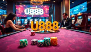 Exciting U888 online casino scene with poker chips and roulette wheel showcasing luxury gaming.