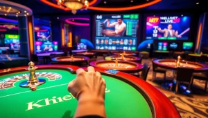Khela88 gaming excitement with colorful casino tables and live betting screens for players.