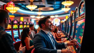 Petani toto merayakan kemenangan di kasino dengan slot mesin yang berkilauan.