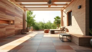 Carrelage extérieur élégant sur une terrasse accueillante, entourée de verdure luxuriante.