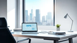 Dynamic office workspace featuring WPS办公软件 on a sleek laptop, showcasing professionalism and innovation.
