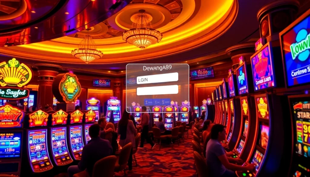 Antarmuka login Dewanaga89 yang ditampilkan di area mesin slot kasino yang sibuk dipenuhi pemain yang antusias.