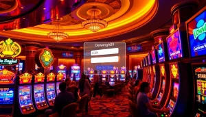 Antarmuka login Dewanaga89 yang ditampilkan di area mesin slot kasino yang sibuk dipenuhi pemain yang antusias.
