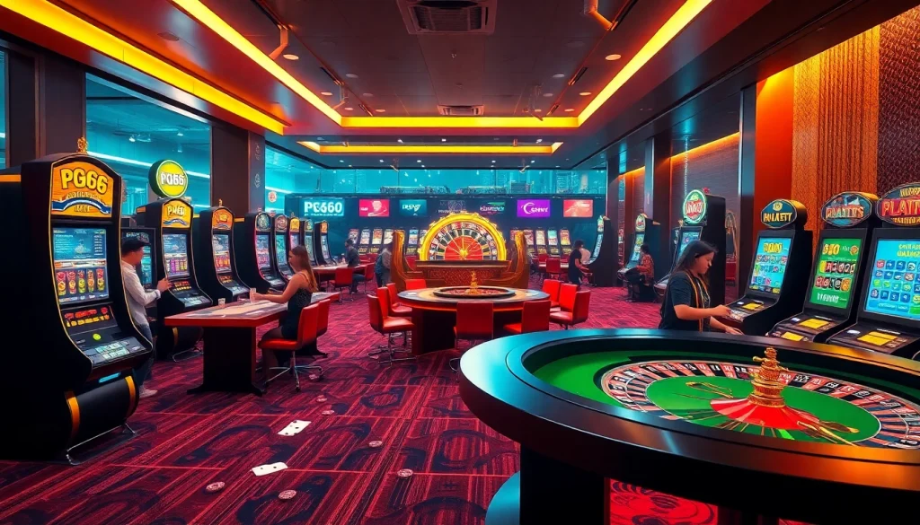 Experience the excitement of PG66 with vibrant gambling action featuring tables, cards, and chips.