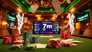Bet on scores with 7m using vibrant poker chips and digital live sports displays.