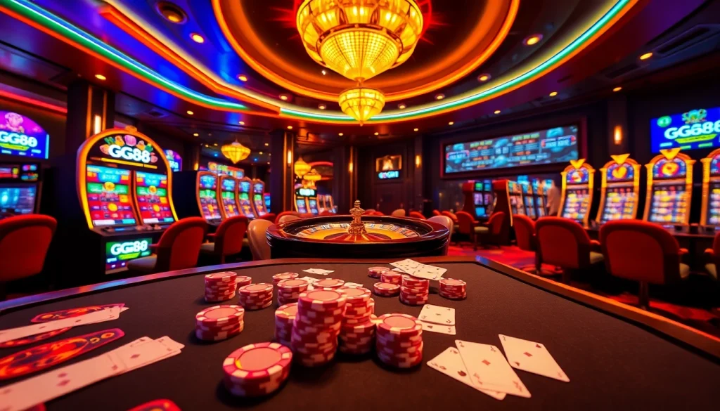 GG88 players celebrating wins at an exciting casino table with vibrant cards and chips.