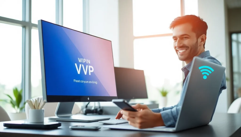 快连vpn下载 displayed on a computer screen in a modern office environment, showcasing innovative technology.