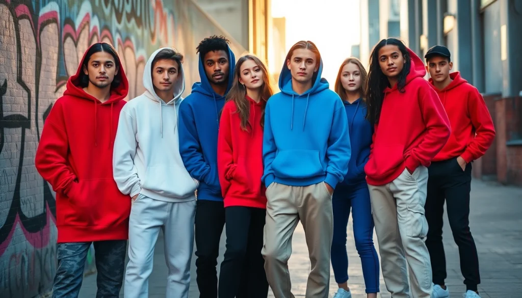 Stylish streetwear models showcasing the RageOff fashion brand's latest collection.