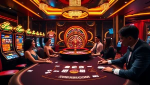 Experience the thrill of gambling at https://topxx88.com/ with elegant casino tables and vibrant slot machines.