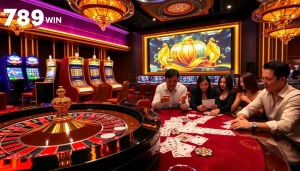 Experience the thrill of winning at 789 win with a luxurious casino setting featuring roulette and diverse players.