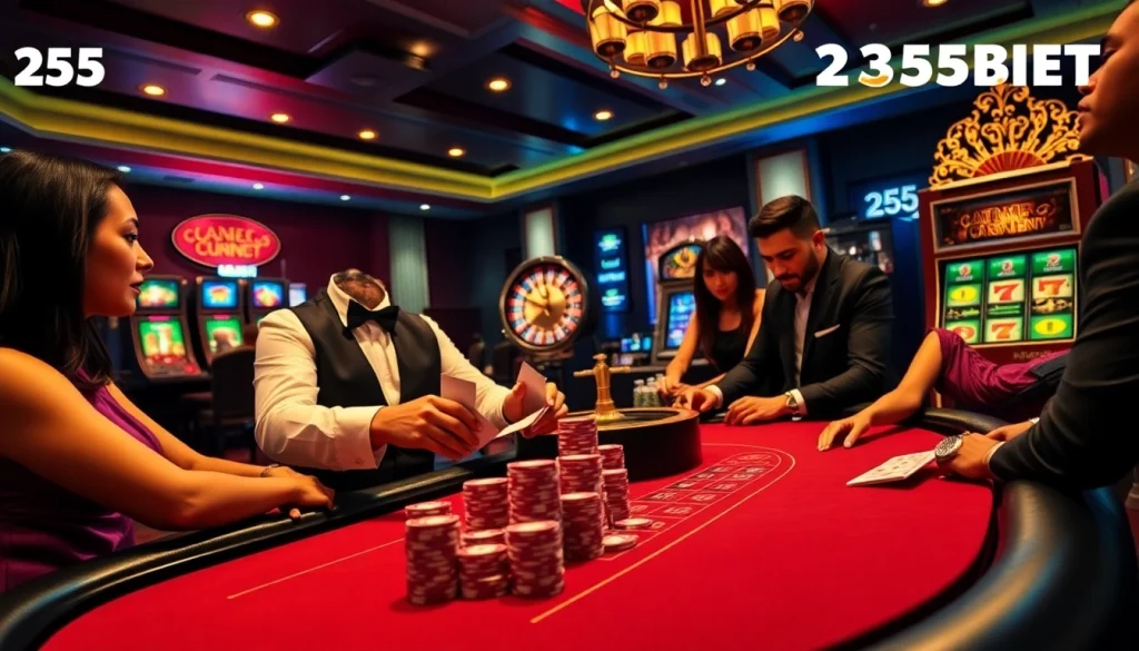 Dynamic poker action at 255BET casino with exciting chips and a roulette wheel.