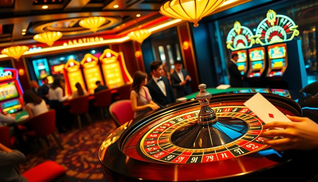 Experience thrill at Trang Chủ QQ88 with an engaging casino atmosphere featuring roulette and vibrant slot machines.