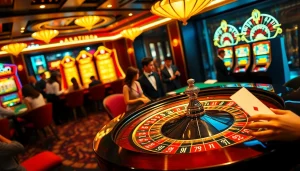 Experience thrill at Trang Chủ QQ88 with an engaging casino atmosphere featuring roulette and vibrant slot machines.