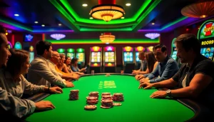 Players engage in thrilling poker at a Roo99-themed casino table, surrounded by vibrant slot machines.