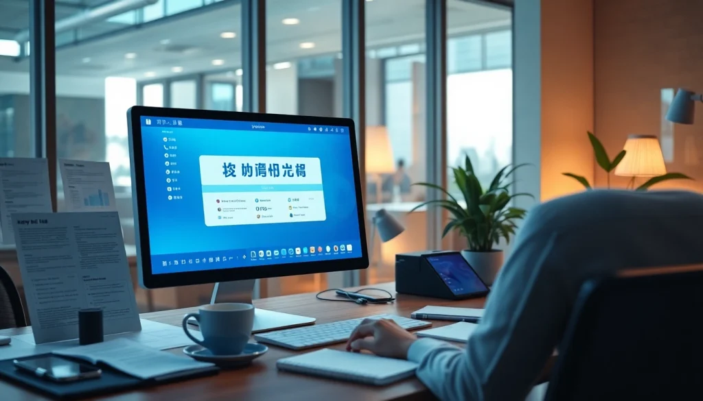 youdao翻译 interface displayed on a sleek computer in a modern office setting, showcasing advanced AI translation tools.