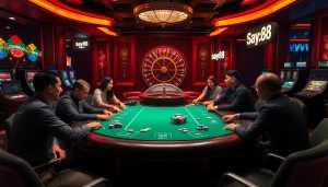 Players engaging in a high-stakes poker game at a luxurious say88 casino table.